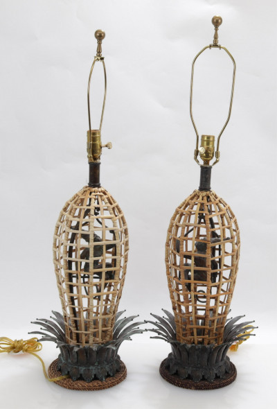 Image for Lot Pair of Rattan  Patinated Bronze Lamps