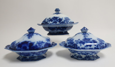 Image for Lot 3 Flow Blue 'Scinde' Transferware Casserole Dishes