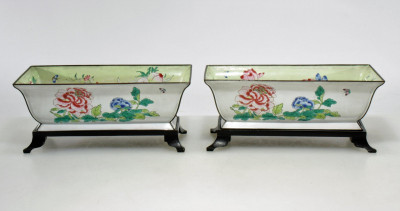 Image for Lot Pair Chinese Enameled Brass Jardinières on Stands