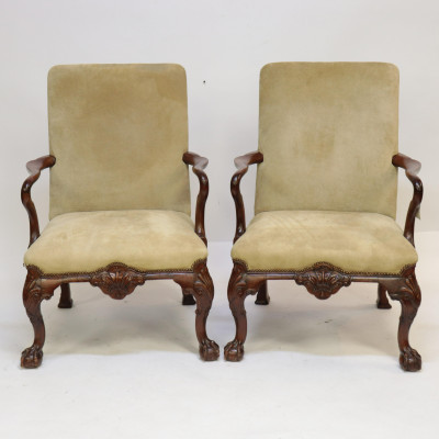 Image for Lot Pair of George II Style Walnut Library Armchairs