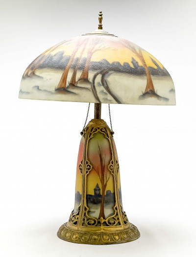 Title Reverse Painted Glass and Gilt Metal Table Lamp / Artist