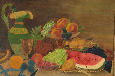 Image for Lot Primitive Still Life with Pitcher  Fruit O/C