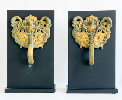 Image for Lot Pair of Chinese Gilt Bronze Mask Form Handles