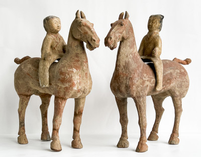 Image for Lot Pair of Chinese Painted Pottery Horses and Riders