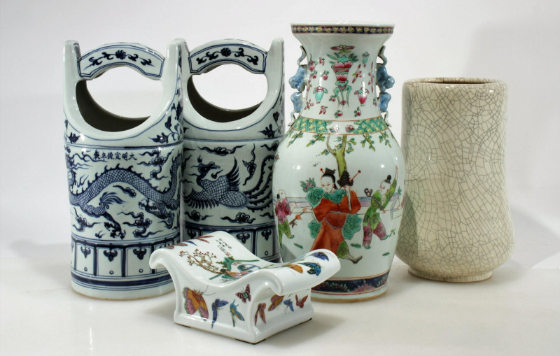 Image 1 of lot 4 Chinese Style Porcelain Vases and Headrest