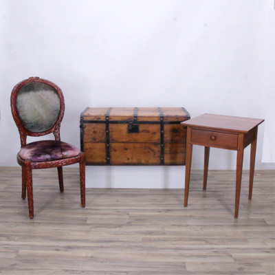 Image for Lot Cherry Side Table, Side Chair & Pine Trunk