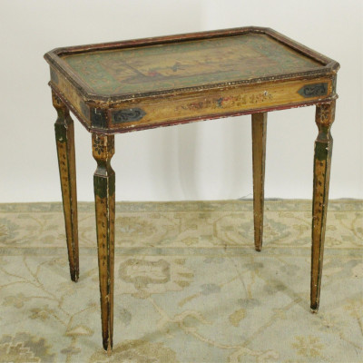 Title Continental Faux Painted Wood Country Scene Table / Artist