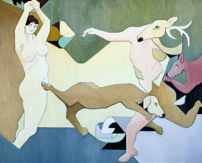 Title Leonard Alberts - Untitled (Woman with Dogs and Deer-Head Figure) / Artist