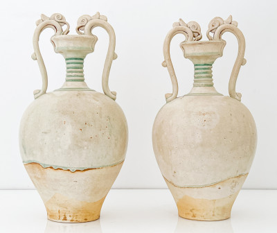 Image for Lot Pair of Chinese Amphoras with Dragon Form Handles