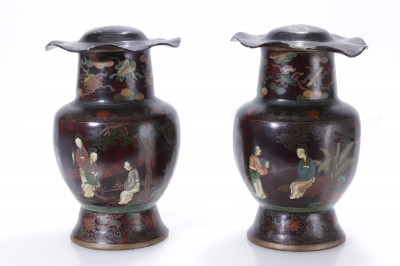 Title Pair Chinese Lacquered Lead Tea Canisters / Artist