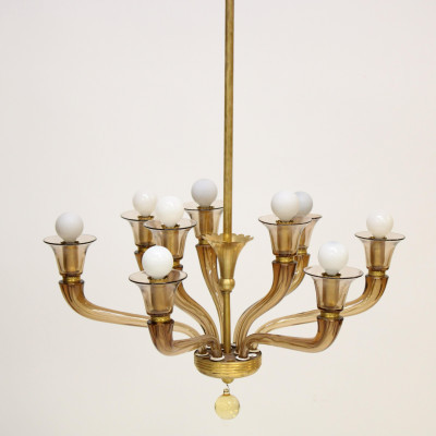 Image for Lot Italian Smoked Glass & Brass Chandelier, c.1935