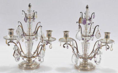 Image for Lot Pair Rock Crystal  Silverplate Candelabra 19th C