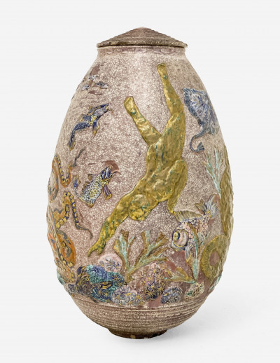 Title Jean Mayodon - Monumental Lidded Vase with Underwater Theme / Artist