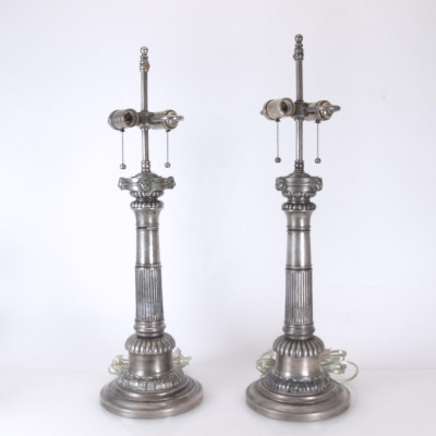 Image for Lot Pr. Neoclassical Style Silvered Metal Lamps