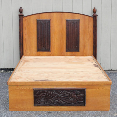 Image for Lot Contemp. Custom Bed, Baroque Oak Relief Panels