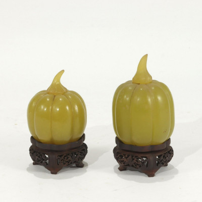 Two Chinese Carved Yellow Hard Stone Melon Bottles