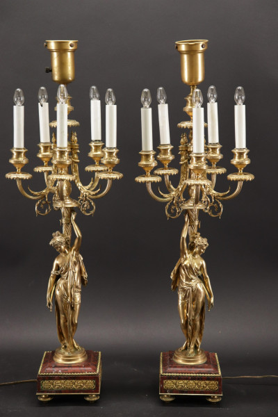 Image for Lot Pair Louis XVI Style Gilt Bronze Candelabra Lamps