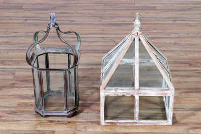 Image for Lot Wooden & Glass Topiary Cover & Brass Lantern