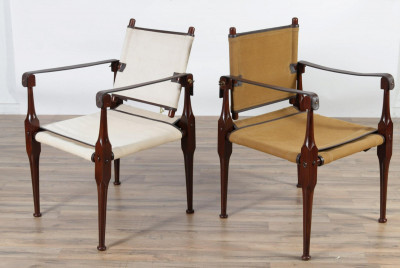 Image for Lot Stylized Campaign Chairs in Wood, Canvas, Leather