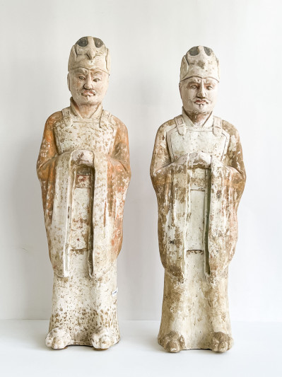 Image for Lot Pair of Large Chinese Painted Pottery Figures of Court Officials