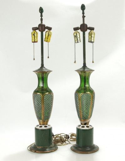 Image for Lot Pair Bohemian Gilt Green Glass Lamps