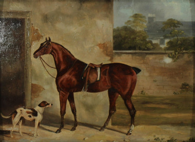 Image for Lot 19th C English School, Horse and Dog O/B