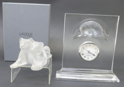 Image for Lot Lalique Tambwee Cubs and Curious Cat Desk Clock