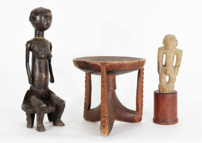 Image for Lot African Wooden Stool, Figure & Stone Carving