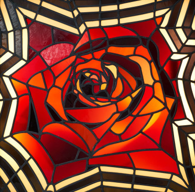 Lowell Nesbitt - Electric Red Rose Stained Glass Window