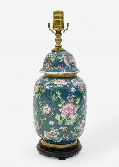 Image for Lot Chinese Ceramic Jar with floral motif mounted as lamp
