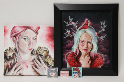 Image for Lot Edith Lebeau, "Berries Girl" and "Cardinal", A/C