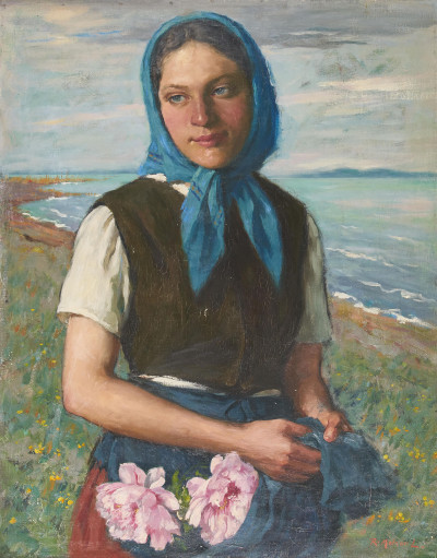 Image for Lot Lajos Rezes Molnar - Girl with Blue Scarf by Coast