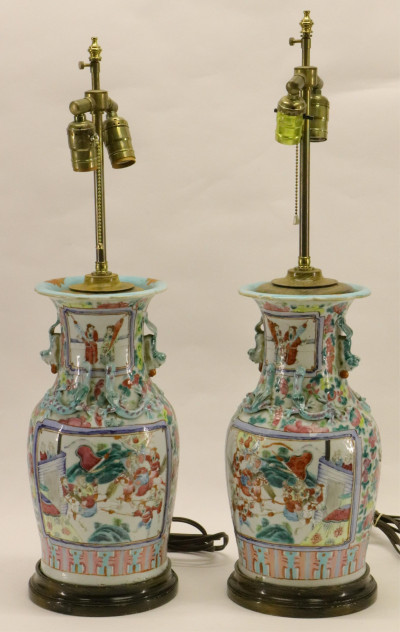 Image for Lot Pair of Famille Rose Vases Mounted as Lamps