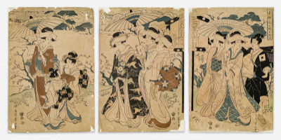 Title Kikugawa Eizan - Geisha and Attendants Strolling in Garden, Triptych / Artist