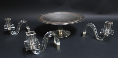 Image for Lot Art Deco Silver & Glass Compote & Candlesticks