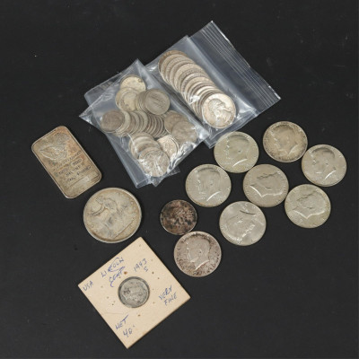 Image for Lot American Silver Coins: Kennedy, Mercury; Ingot