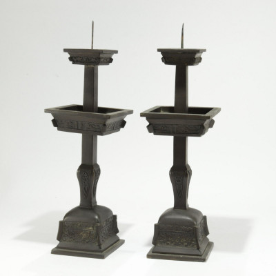 Pair Chinese Archaistic Bronze Candle Prickets