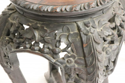 Image 4 of lot 19th C. Carved Chinese Stands With Marble Inserts