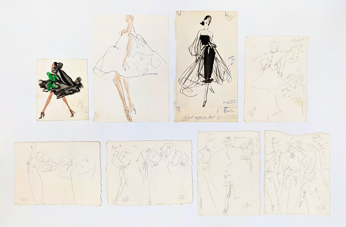 Eight of Joe Eula's watercolor drawings for Yves Saint Laurent and Louis Féraud