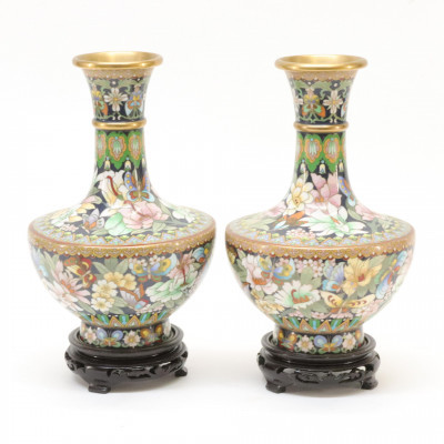 Pair of Chinese Flower  Butterfly Cloisonne Vases