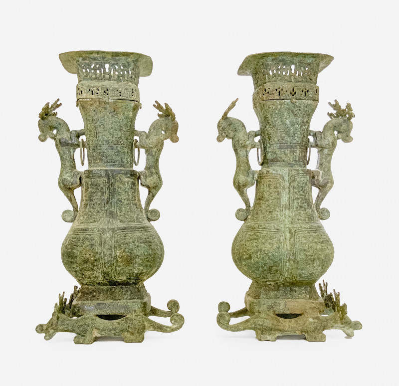 Pair of Chinese Bronze Archaic Style Hu Form Vessels