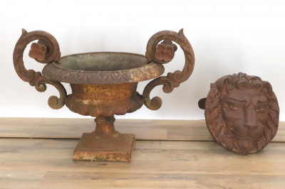 Image for Lot Small Cast Iron Urn  Lion's Mask