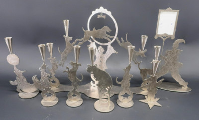Image for Lot Amy Hess, 8 Polished Steel Candle Holders & Frame