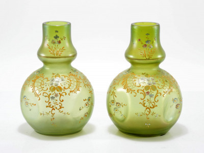 Image for Lot Pair Austrian Enameled Iridescent Glass Vase