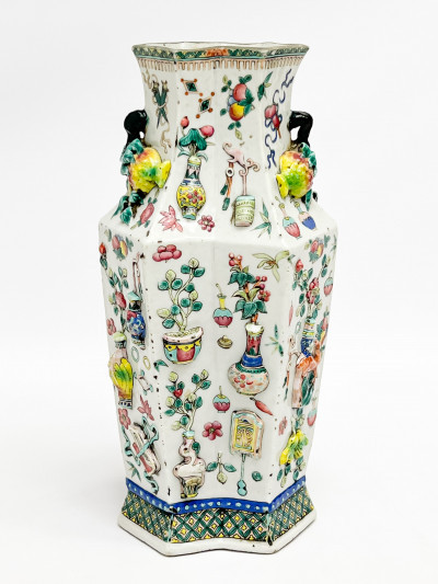 Image for Lot Chinese Porcelain Enamel and Relief Decorated Double Lozenge Vase