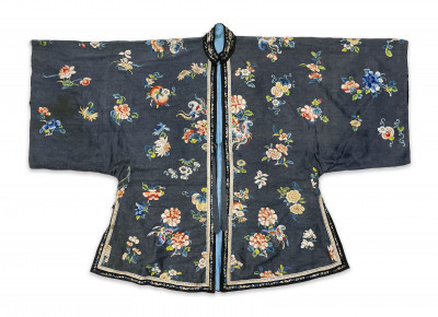 Image for Lot Chinese Ladies Embroidered Dark Blue Silk Robe