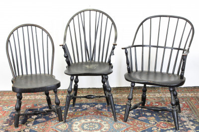 Image for Lot Three Early Windsor Chairs In Black Paint
