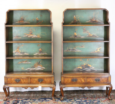 Image for Lot Pr G III Style Chinoiserie Dwarf Bookcases