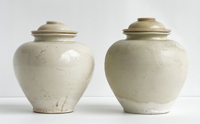 Image for Lot Pair of Chinese White Glazed Ovoid Jars and Covers