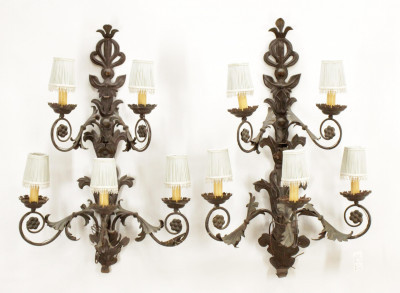 Image for Lot Pair of Large Tole and Iron 5Light Sconces
